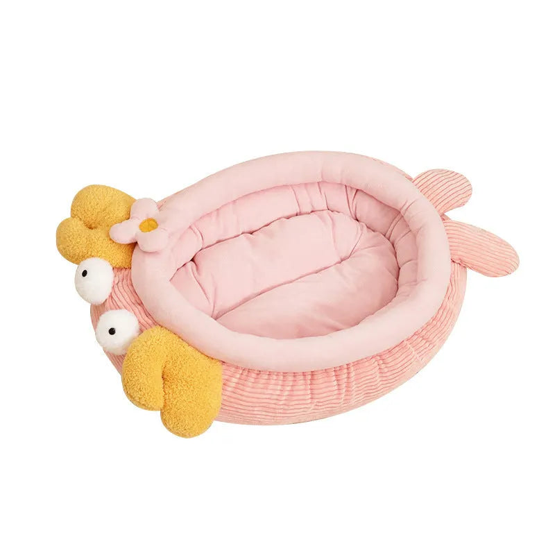 Pink semi-enclosed lobster pet nest with teddy fleece interior and non-slip base on a wood floor