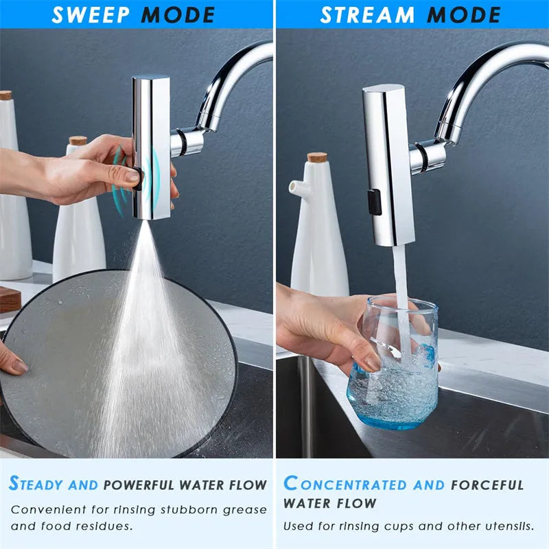 Kitchen faucet nozzle in black with waterfall bubbler mode and rotating head for universal fit