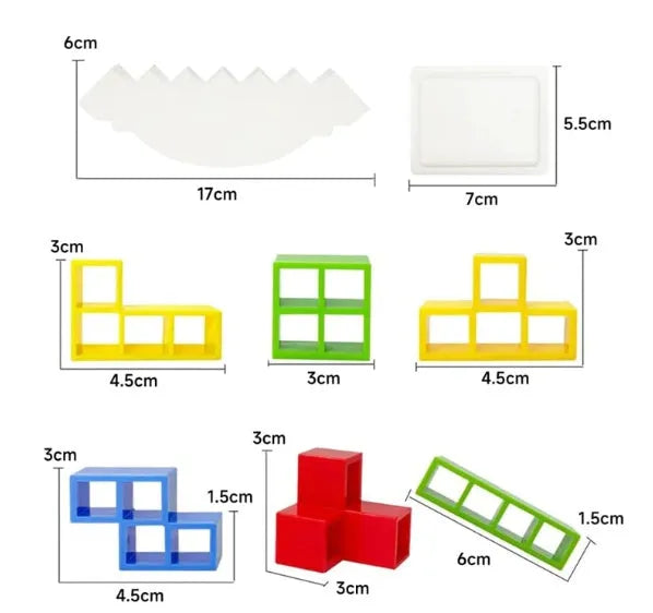 Plastic balance stacking game with 16 colourful building blocks on chassis