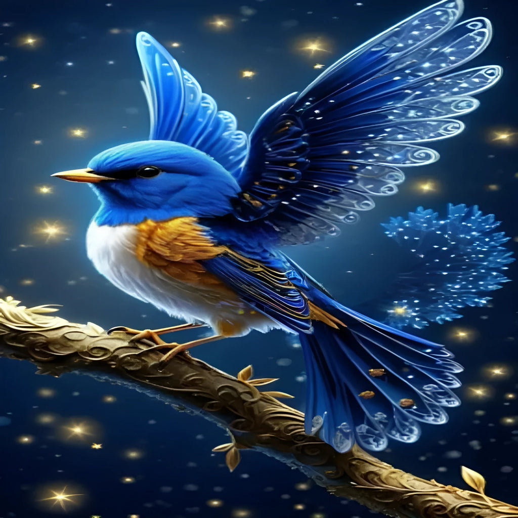 Handmade DIY diamond painting kit showing blue bird design on 60x100cm canvas with acrylic rhinestones