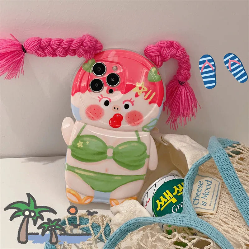 Pink and green silicone iPhone case with cartoon braid swimsuit girl summer design