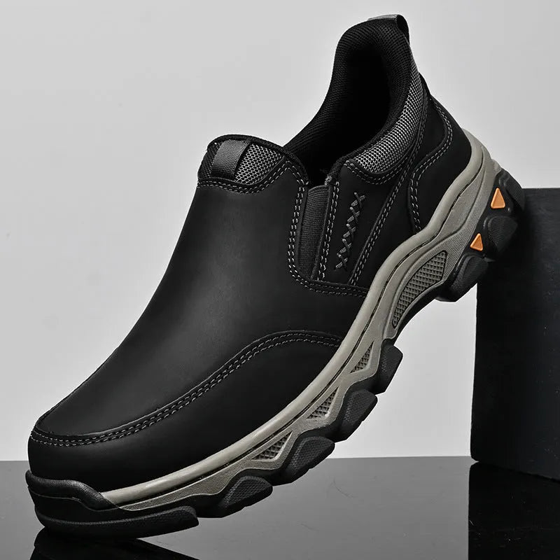 Men's dark brown casual leather shoes with round toe and rubber sole