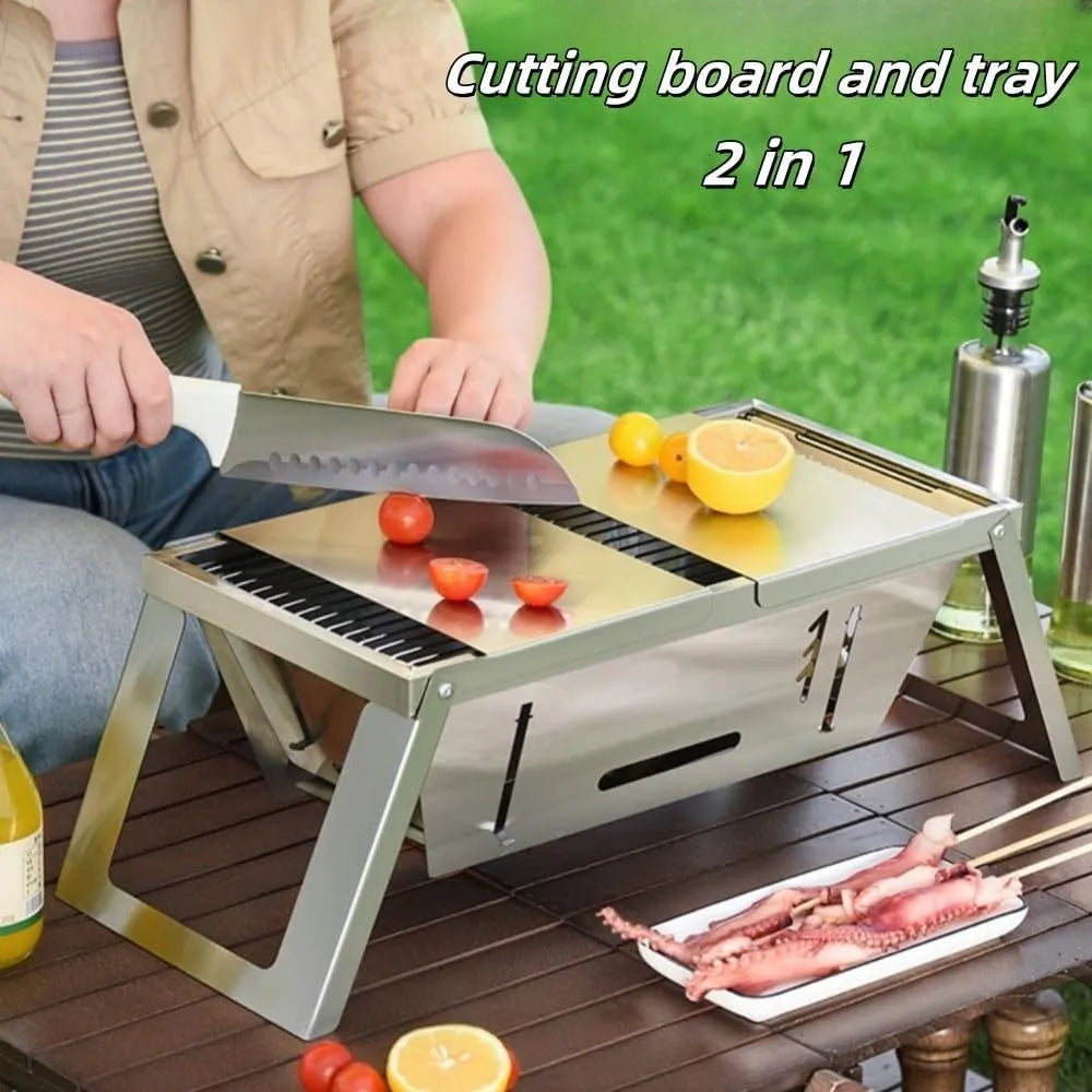 Small foldable portable charcoal barbecue grill shown open for cooking and folded flat.