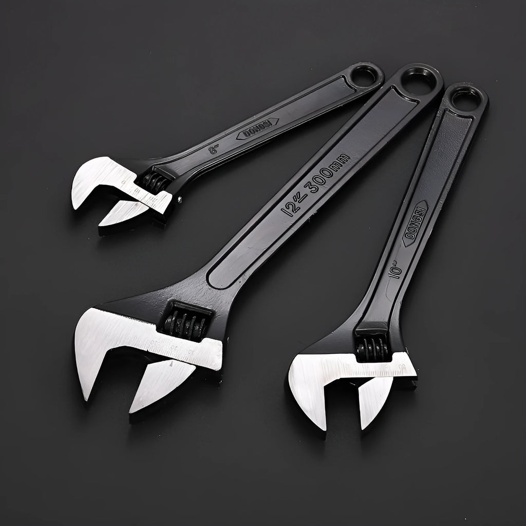 High carbon steel open-end adjustable wrench with black finish on a grey background.