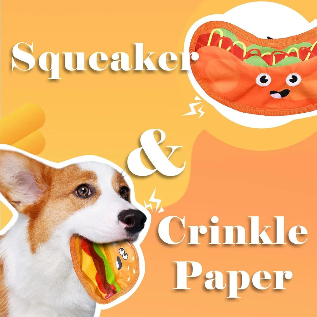 Four colourful dog toys shaped like hamburger, fries, hot dog and pizza with crinkle and squeak features