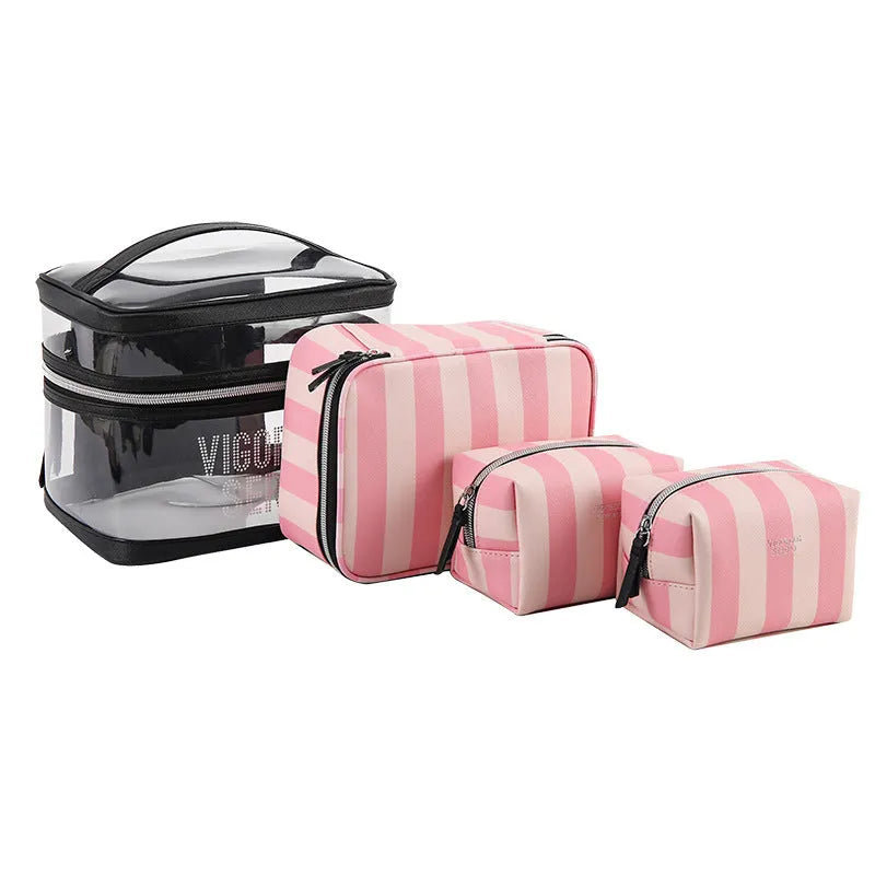 Pink bold stripes floral pattern folding makeup bag with waterproof synthetic leather construction