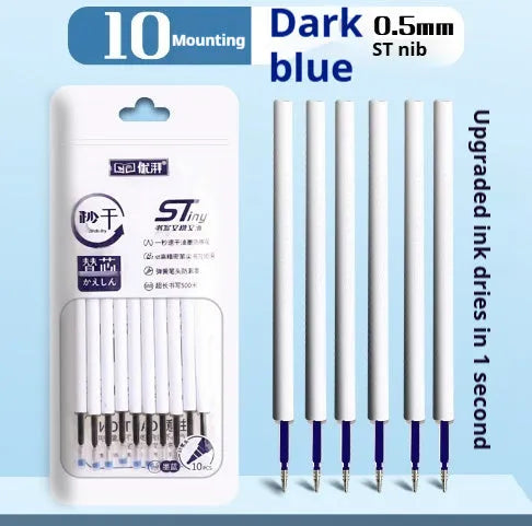Quick-drying pen refills for bullet point pens in black, red, blue, and ink blue, sold in a pack of 10 bags.
