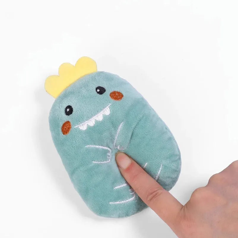 Four small plush cat chewing toys with catnip and squeakers for teeth grinding play