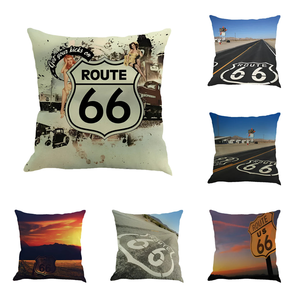 Route 66 American highway landscape print on a 45x45cm linen blend square pillow cover.