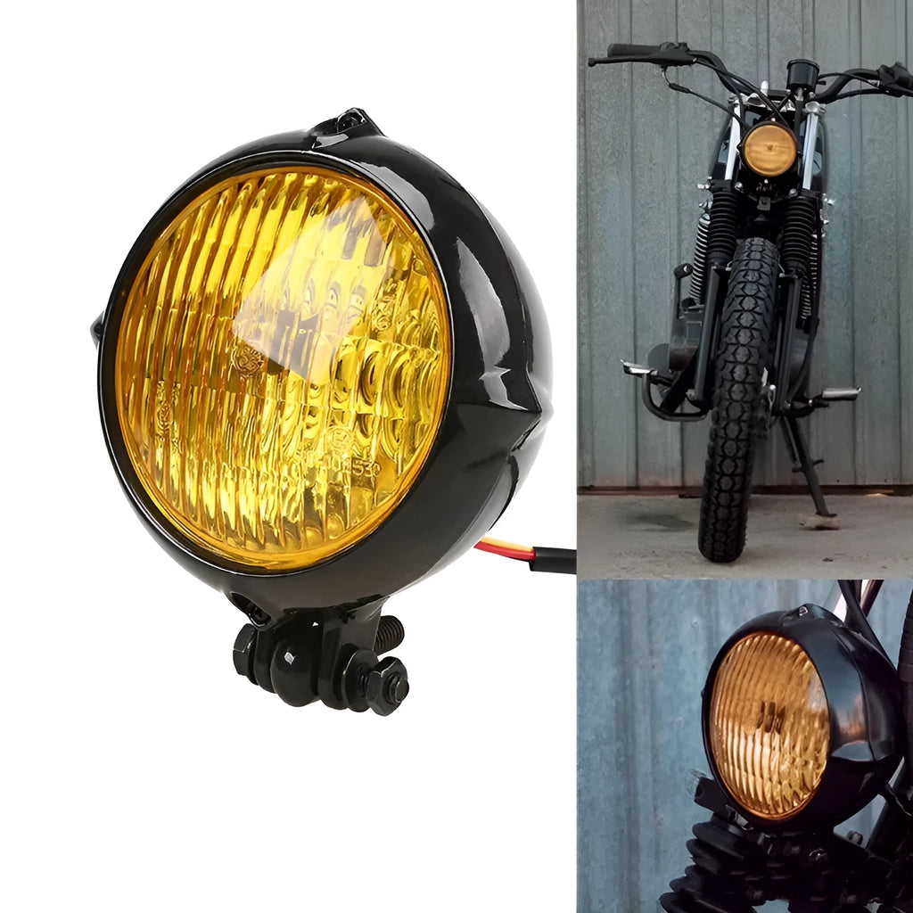Black electroplated aluminium retro headlight with 8cm diameter and halogen bulb.