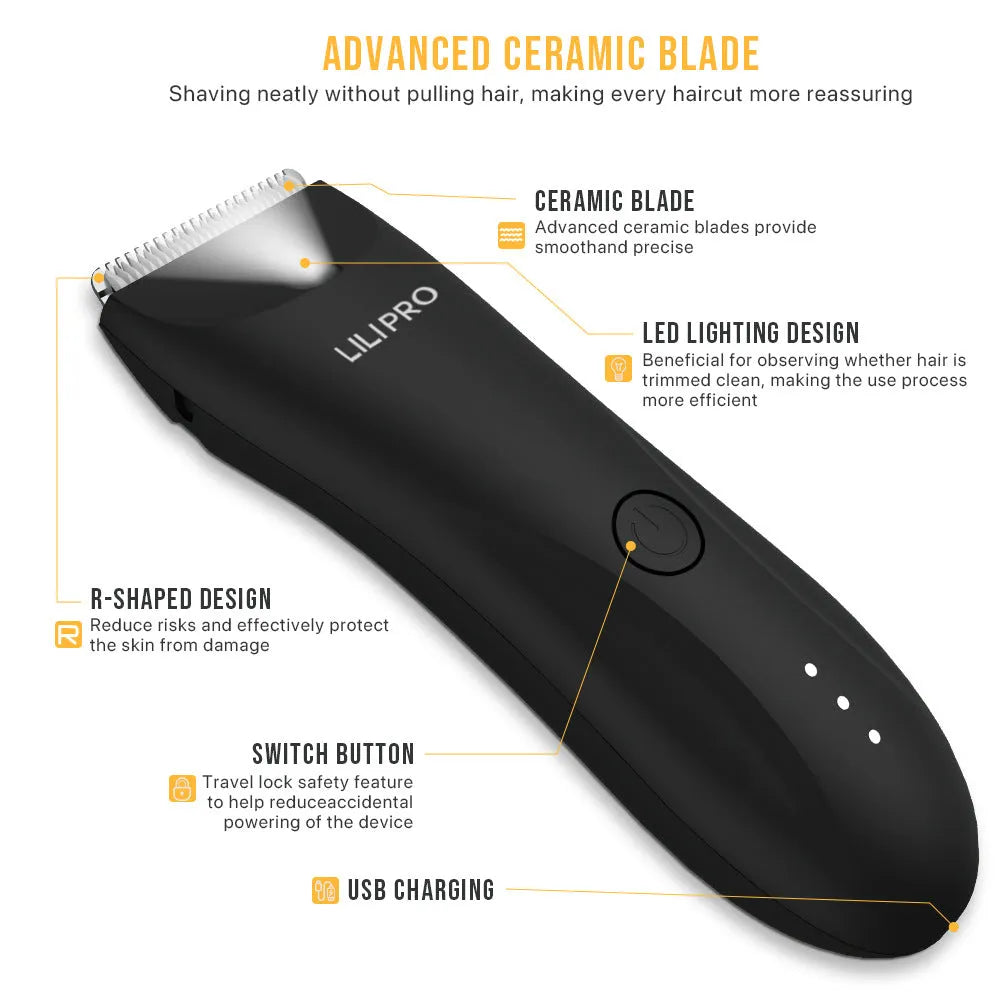 Black home waterproof electric hair clipper by LILIPRO for full-body hair removal with USB charging and limit combs