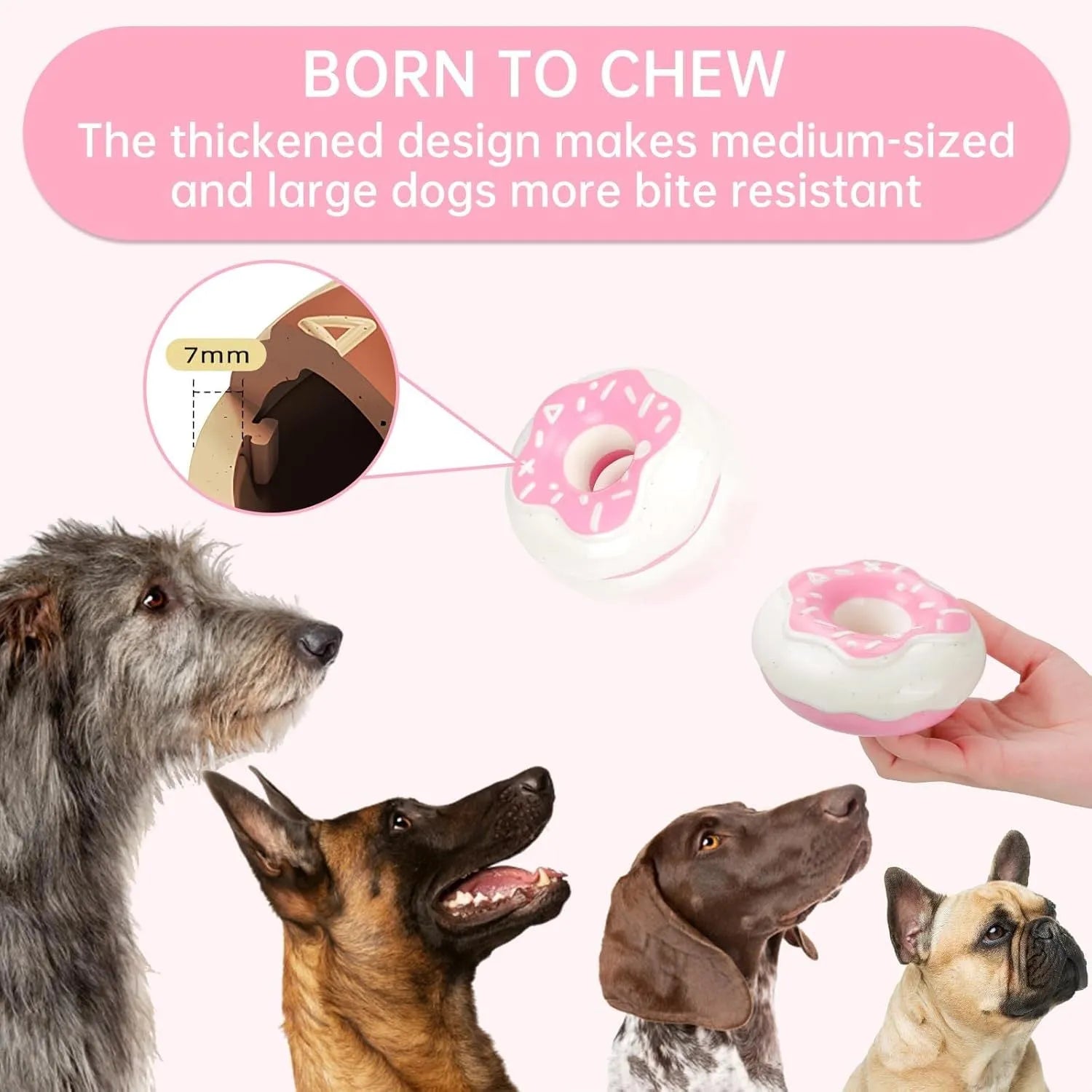 TPR donut dog toy in coffee colour with embossed surface for teeth grinding and hidden squeaker