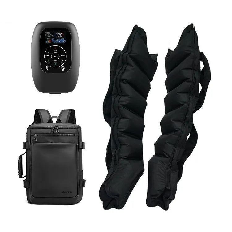 Air compression massager set with remote control, leg units in three sizes, and arm and waist units.