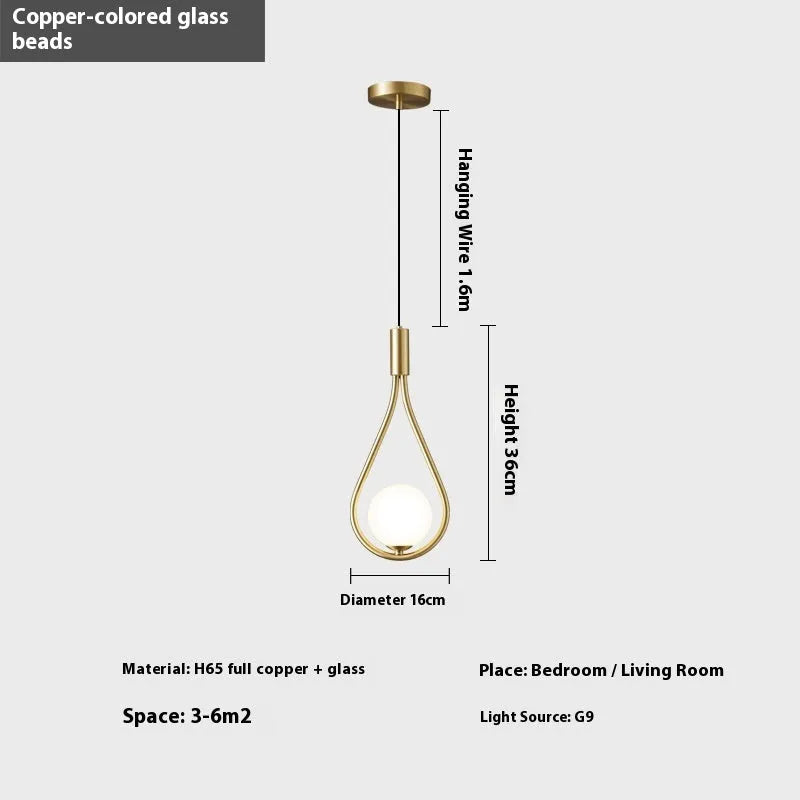 Modern copper bedside chandelier with adjustable hanging cord in minimalist bedroom setting