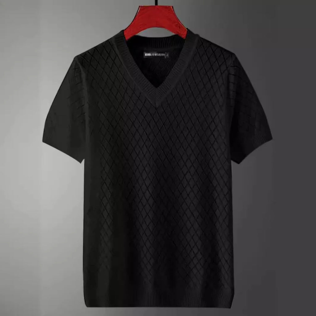 Men's ice silk Korean style T-shirt in black or white with V-neck or round neck options