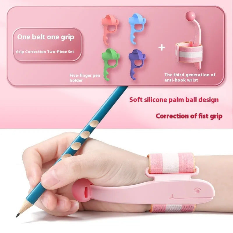 Blue Anti-hook Holder Pen Control Corrector wrist brace for pen grip correction.