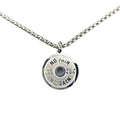 Polished stainless steel barbell disk geometric pendant necklace on a gold chain.