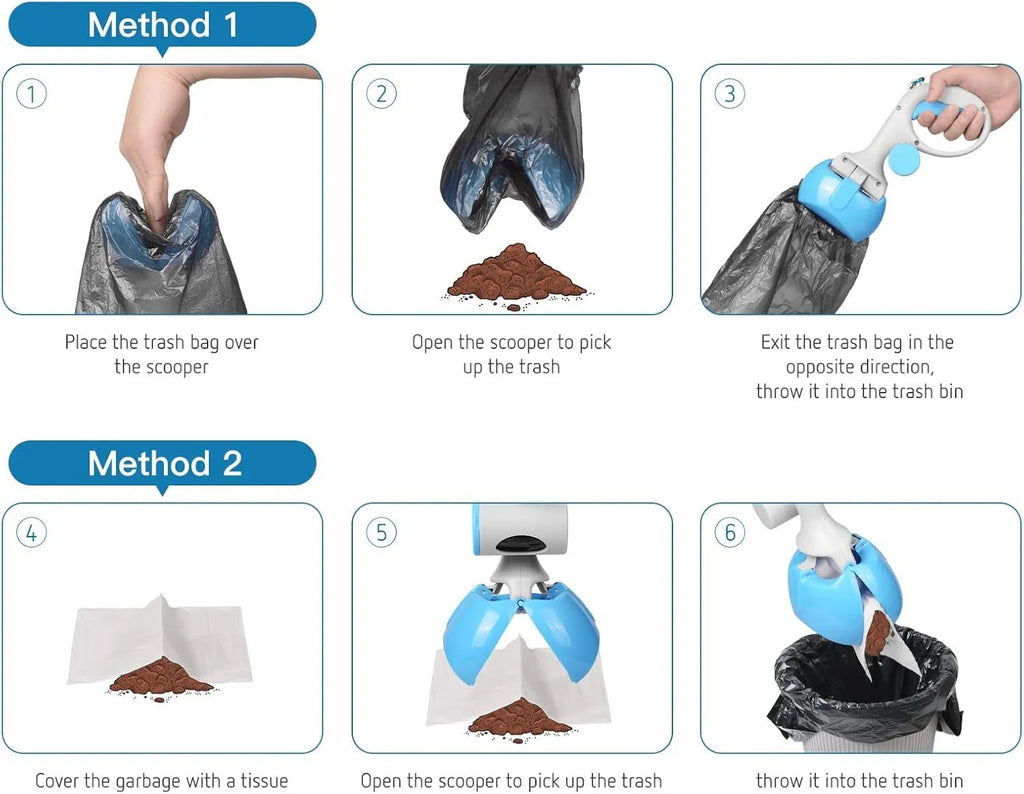 Black ABS plastic pet pooper scooper with integrated trash bag holder and top hook