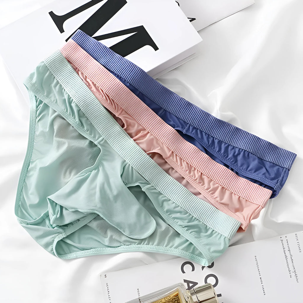 Men's low waist briefs in ice silk fabric showing colour options and briefs style