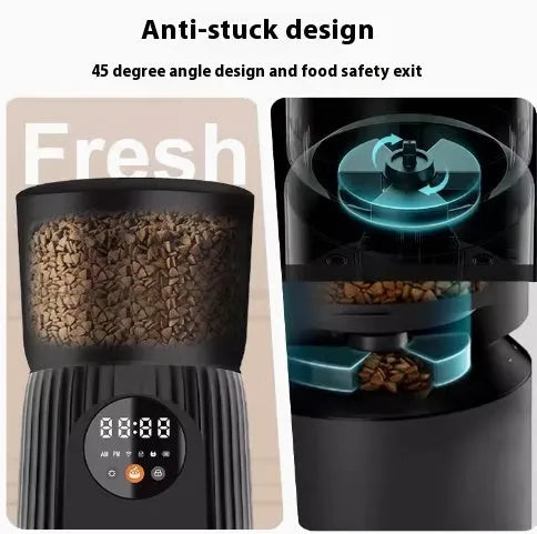 Automatic pet feeder with timer display and food storage compartment in black colour