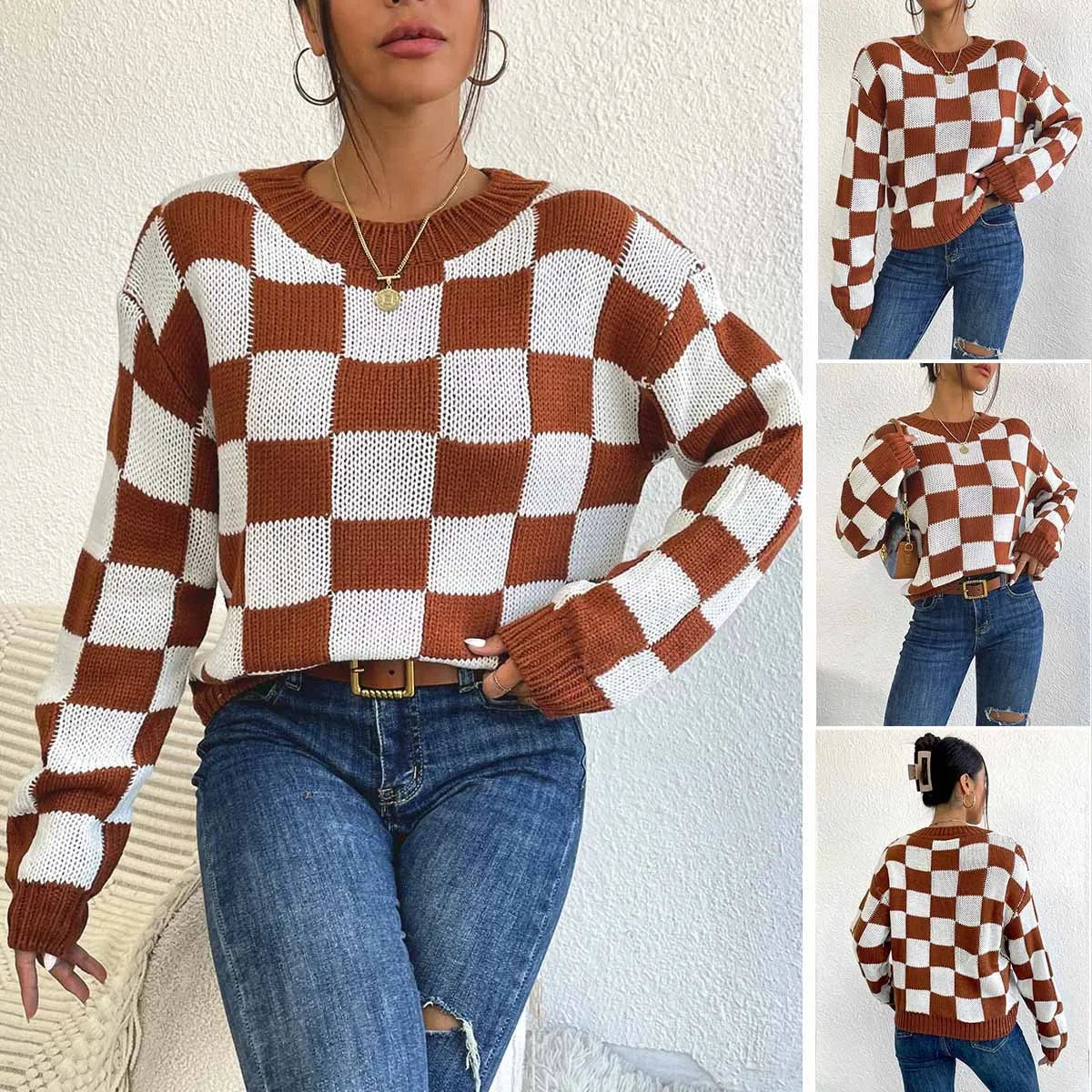 Dark brown chessboard plaid acrylic pullover sweater with round neck and long sleeves