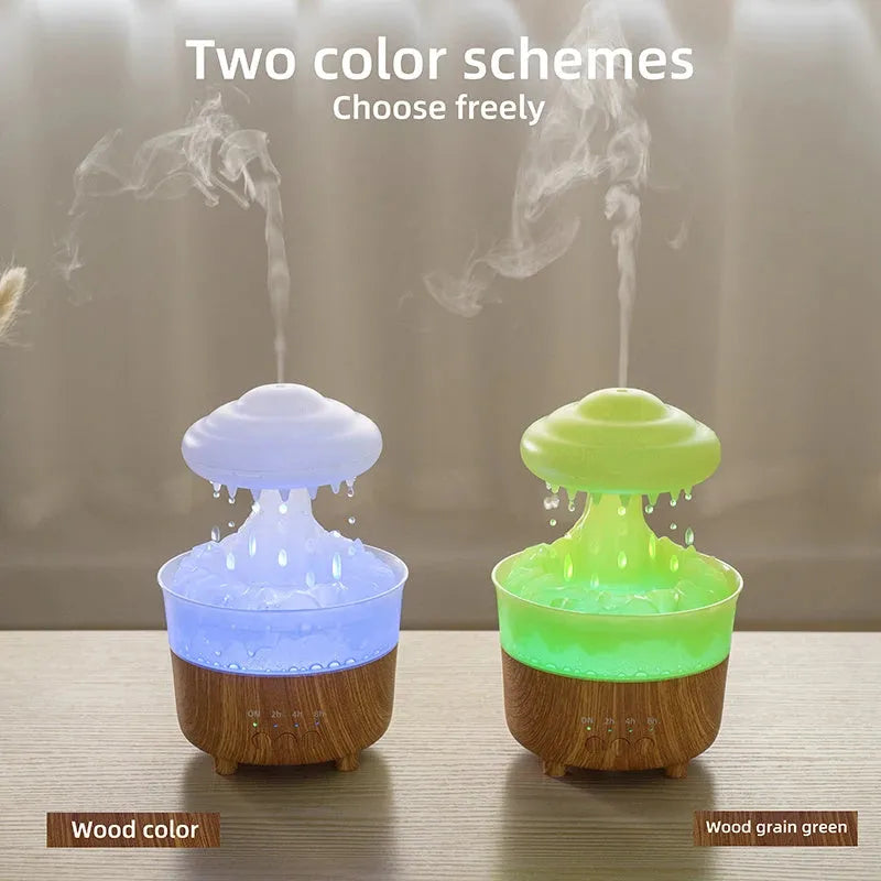 Wood grain white cloud-shaped humidifier with coloured LED lights and gentle mist emission
