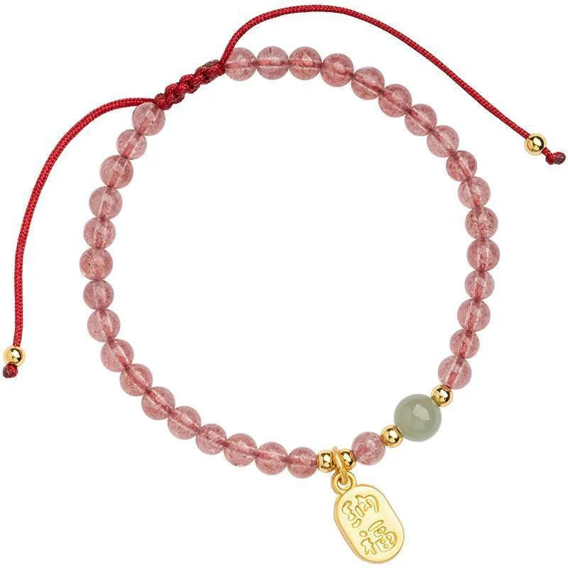 Women's strawberry quartz and garnet bracelet on red rope cord handmade jewellery