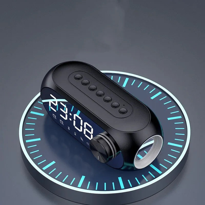 S8 black mini portable clock speaker with extra bass and USB charging cable