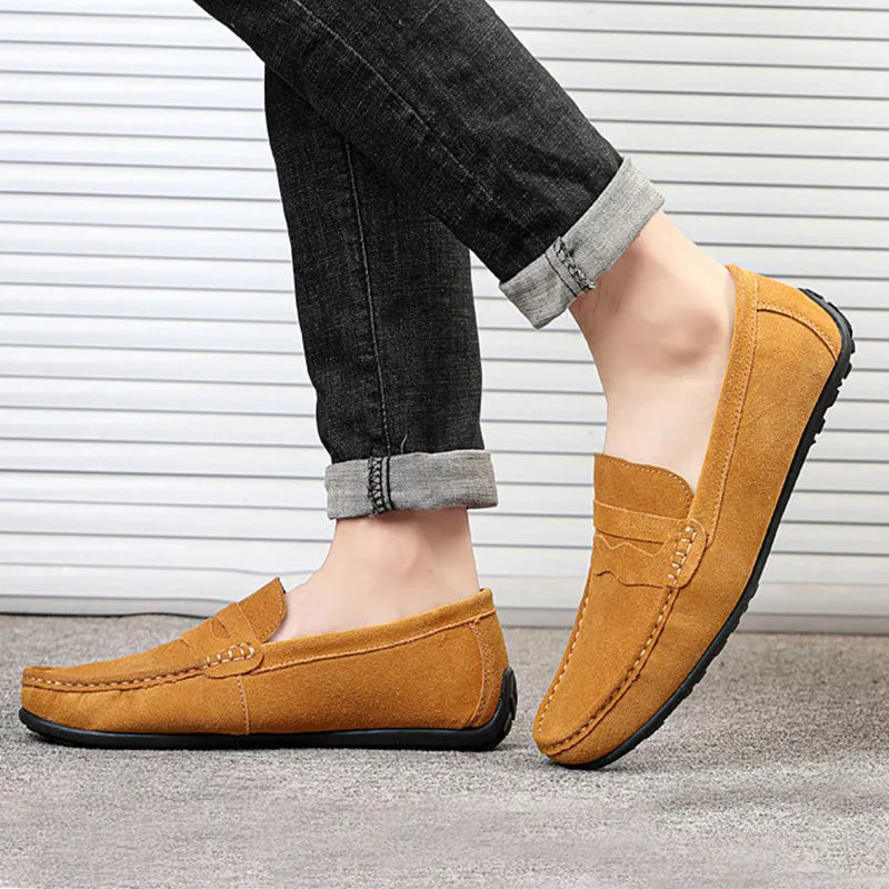 Men's suede slip-on loafers in solid colours with round toe and flat rubber sole