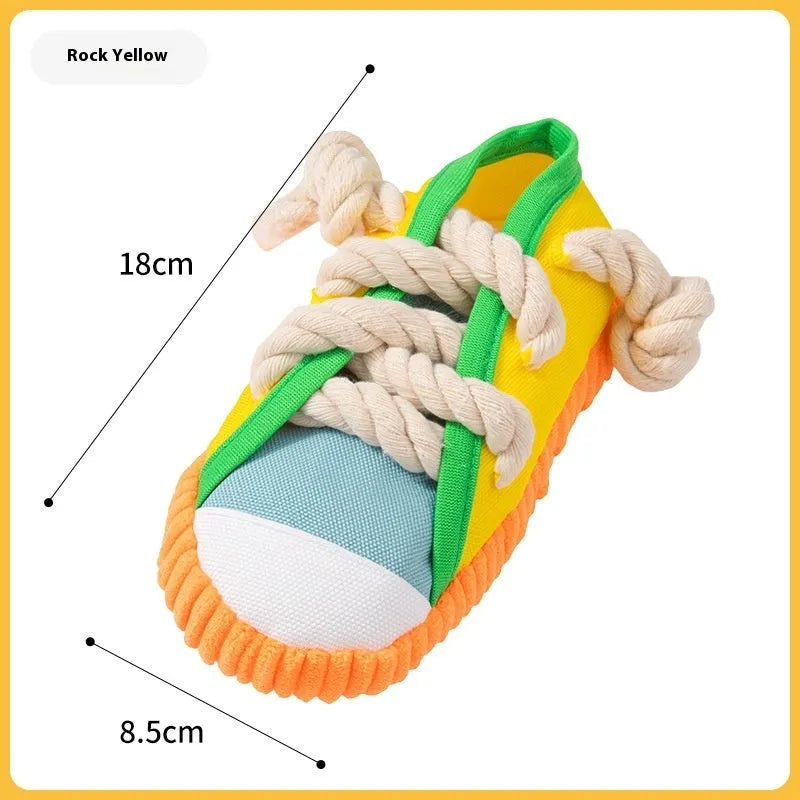 Bendable plastic dog chew toy with squeaker in yellow, black or blue colour options