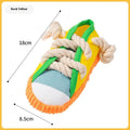 Bendable plastic dog chew toy with squeaker in yellow, black or blue colour options