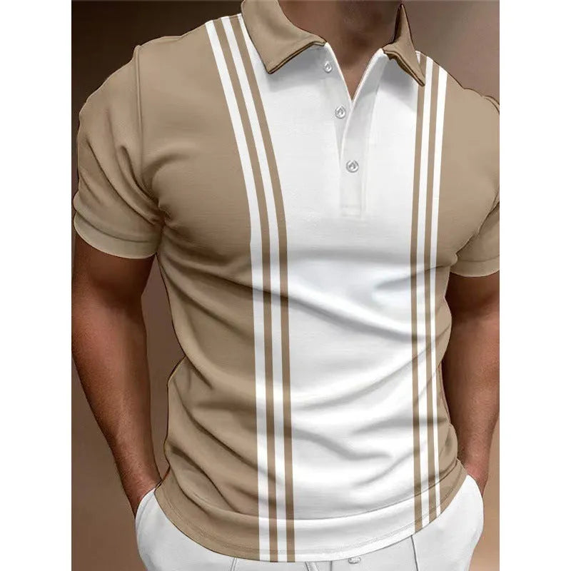 Casual 3 button lapel men's T-shirt in blue, loose fit short sleeve polyester top