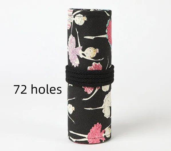 Square canvas rolling pencil case with ballet girl print, showing multiple pencil holes inside.