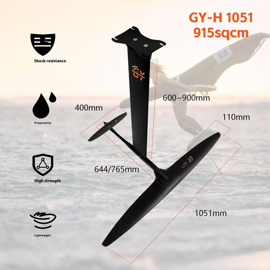 Black carbon fibre and aluminium alloy racing hydrofoil for surfing with 1051mm front wing
