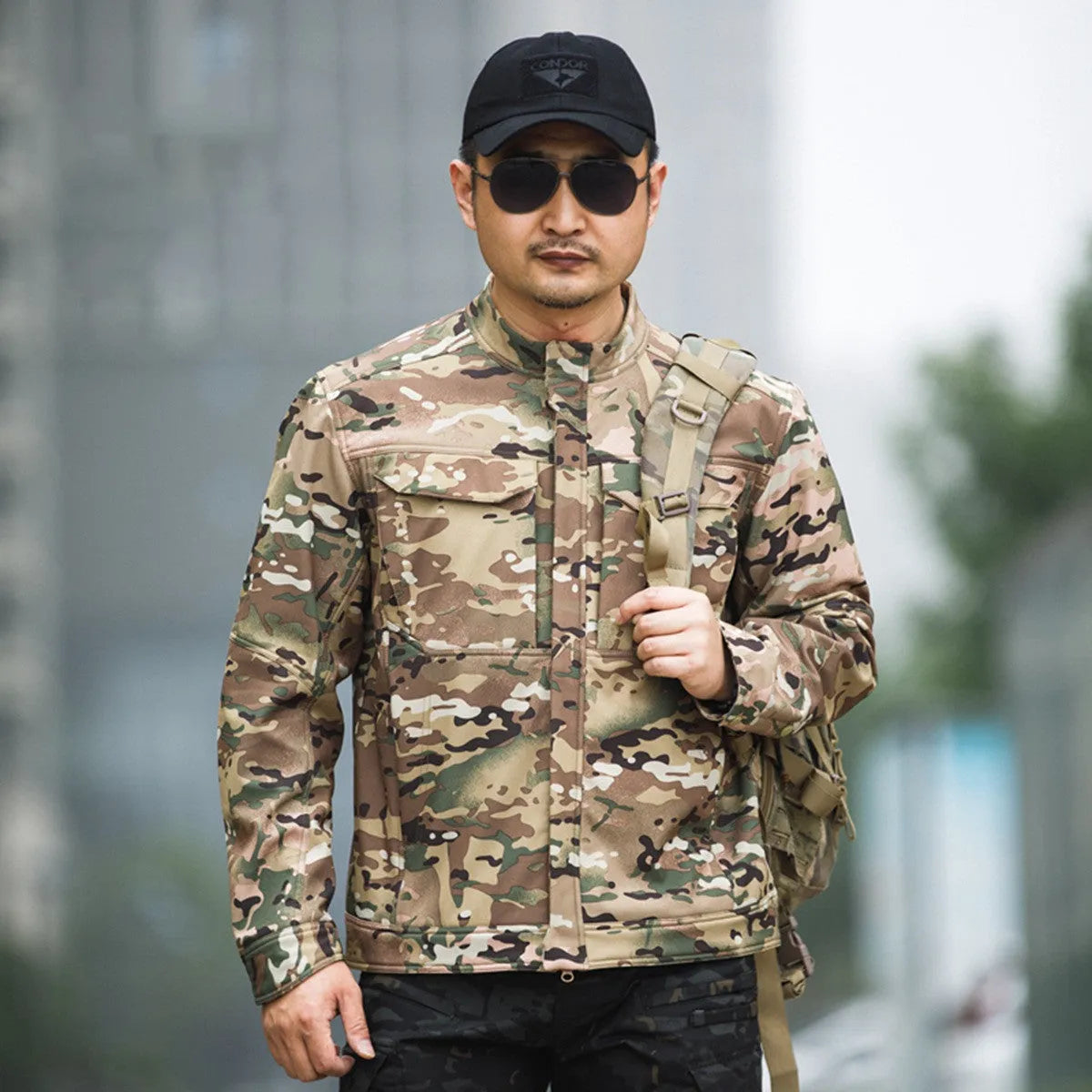Bone Frog Peak Breaker soft shell tactical jacket in black camouflage colour for outdoor mountaineering.