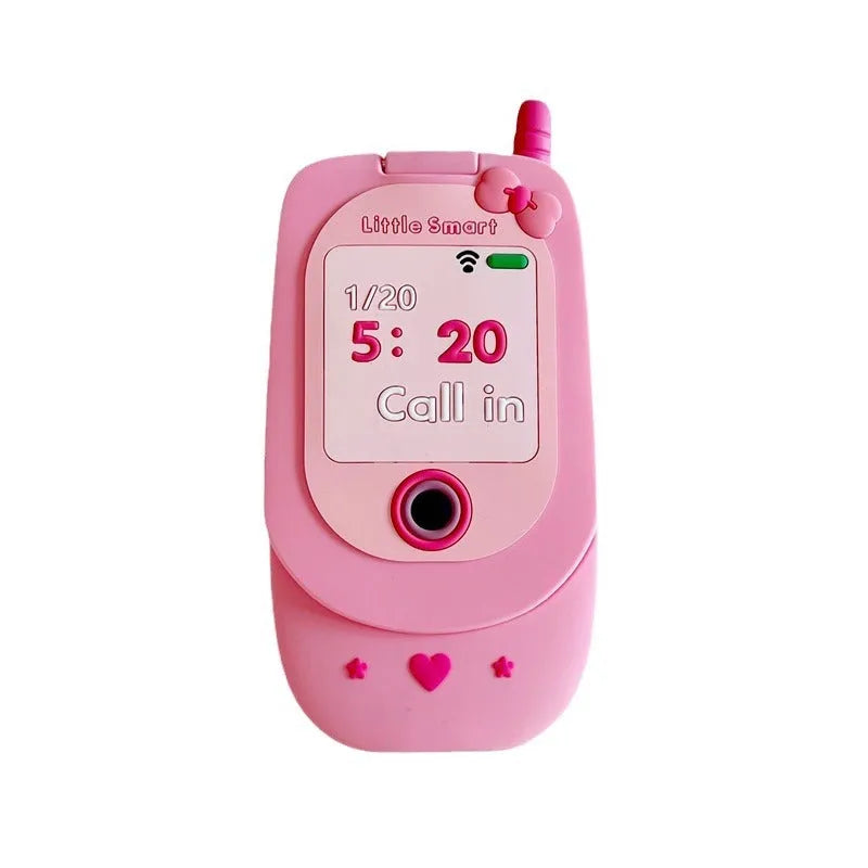 Light pink silicone flip phone case with built-in mirror for iPhone, showing cute cartoon design