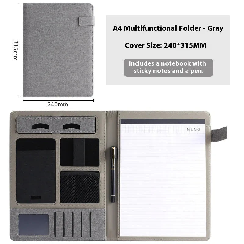 A4 leather business folder in black colour showing document storage and accessory features
