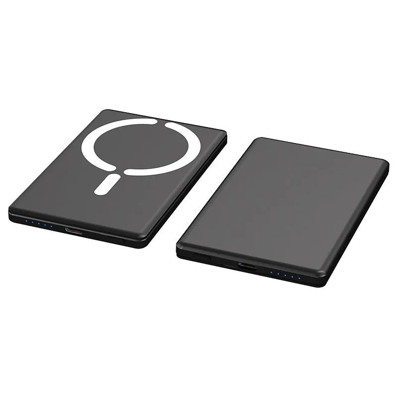 Ultra-thin magnetic power bank in black, dark grey, silver, or violet with alloy shell