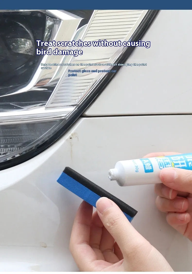 Car scratch repair wax kit containing A and B wax tubes with sponge applicator for paint polishing
