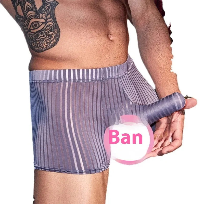 Men's striped boxer briefs in nylon fabric, black white dark grey colours, free size elastic construction