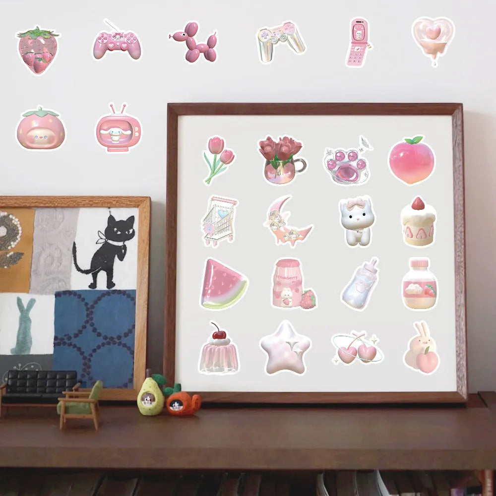 Pink girl heart 3D decorative stickers pack with 63 pieces for crafts and stationery