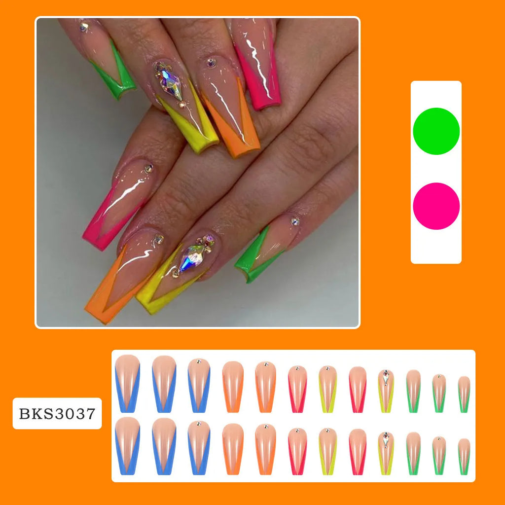 Diamond colour detachable nail tips featuring cartoon, love, and cross heart patterns with jelly glue and tools.
