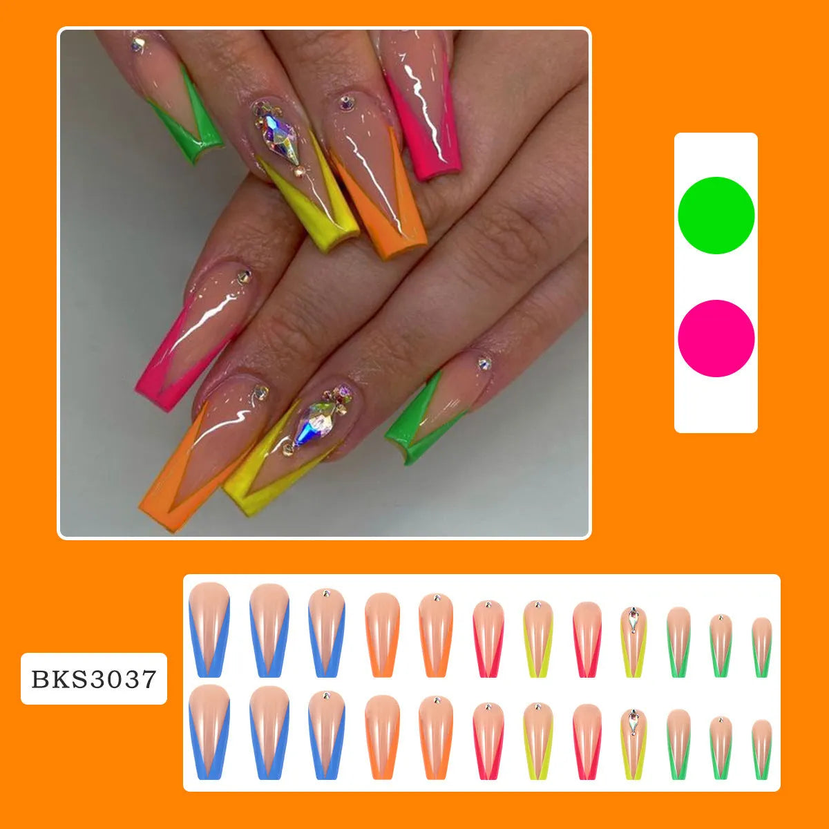 Diamond colour detachable nail tips featuring cartoon, love, and cross heart patterns with jelly glue and tools.