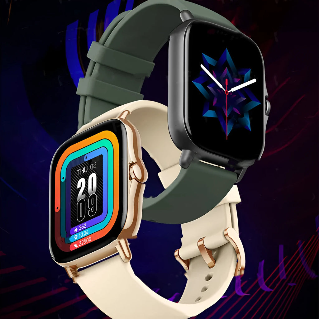 GT20 black alloy smart watch with silicone strap showing heart rate monitoring on screen