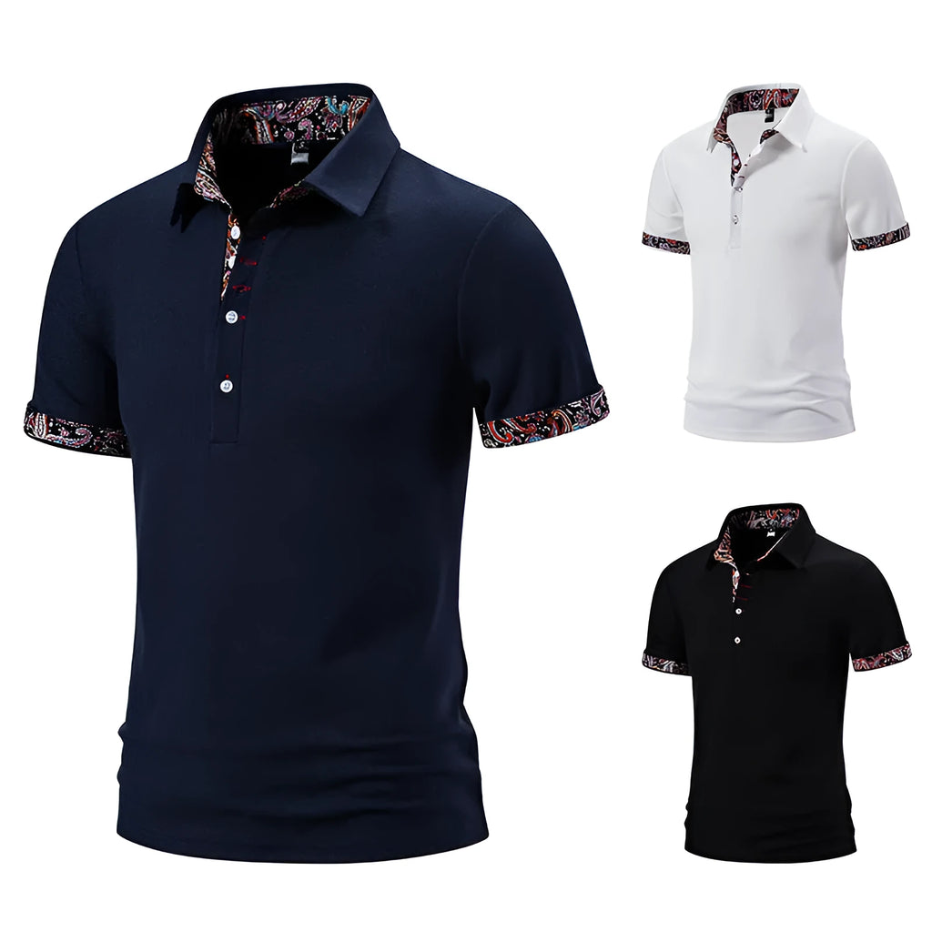 Men's polo shirt in a cotton blend fabric with colour stitching on the turnover collar and short sleeves.