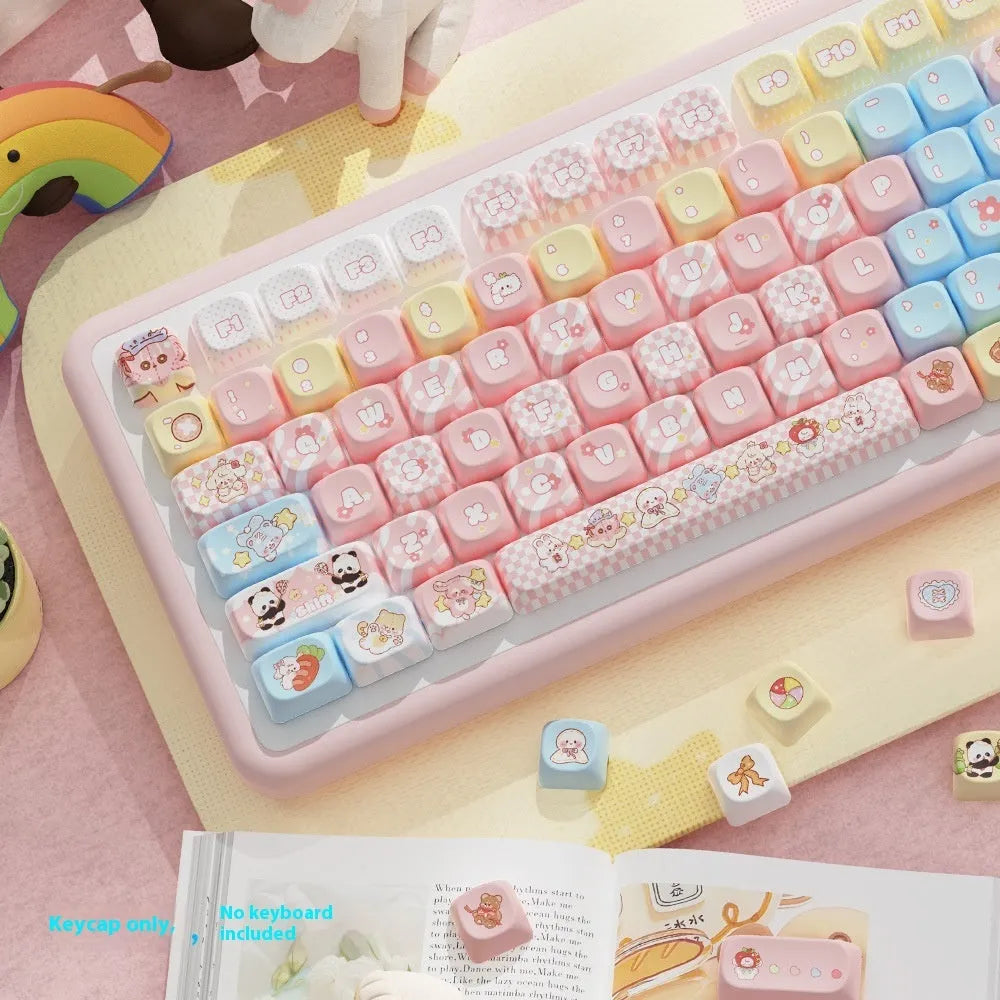 Full set of Doll character themed mechanical keyboard keycaps with sublimation printing laid out.