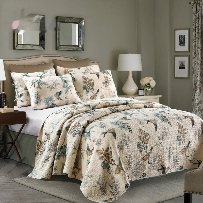 Quilted pure cotton bed cover set with reactive printed pattern includes bed cover and two pillowcases