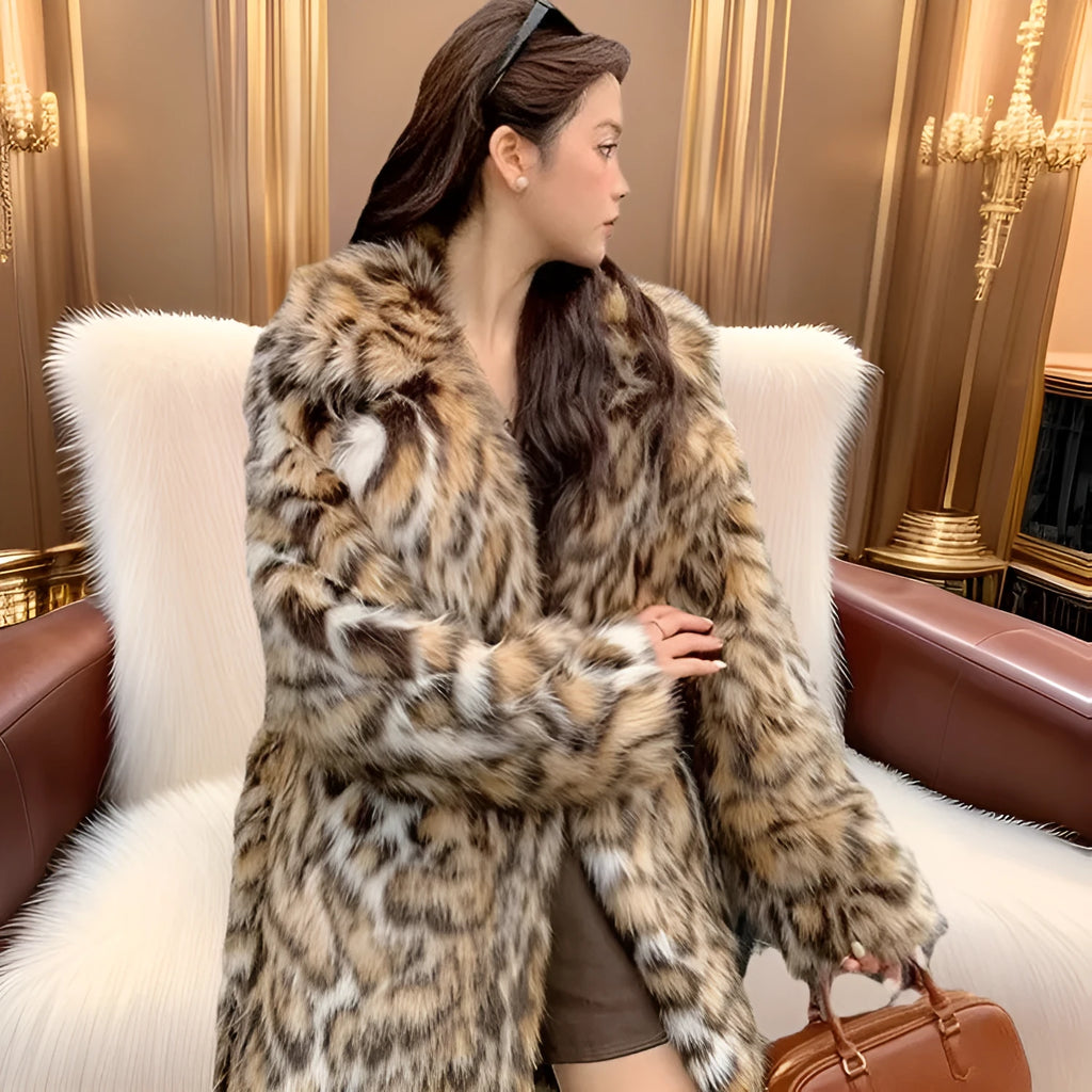 Faux fur coat with fur collar available in mid-length or long style with pockets