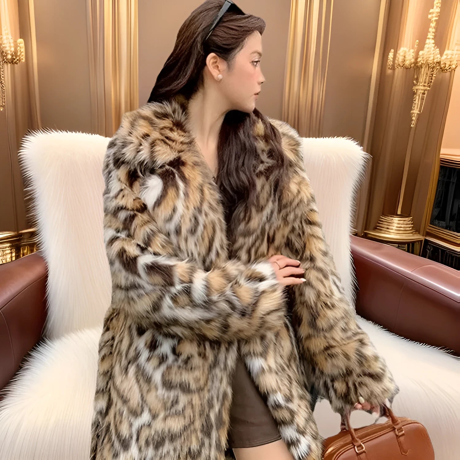 Faux fur coat with fur collar available in mid-length or long style with pockets