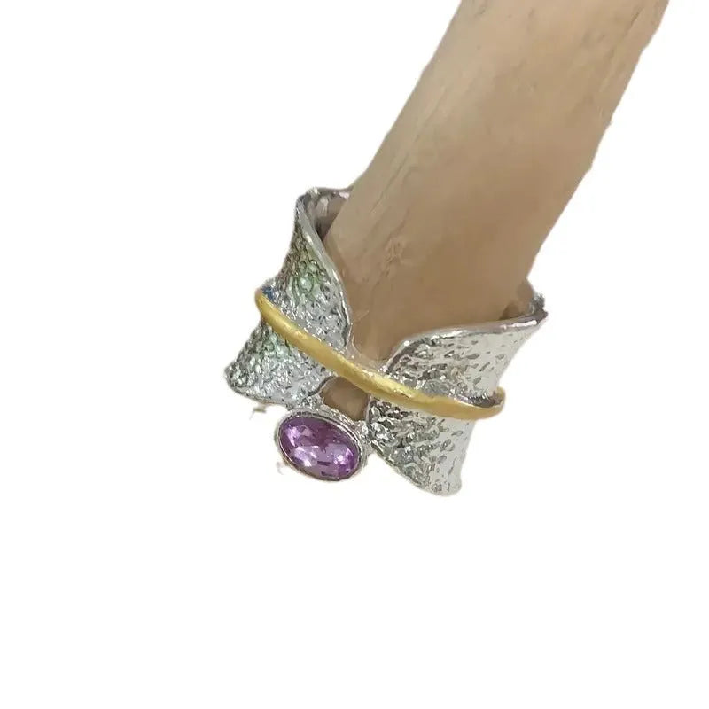 Alloy ring with irregular frosted inlaid watercolour gemstone, electroplated finish, available in sizes No 6 to No 12